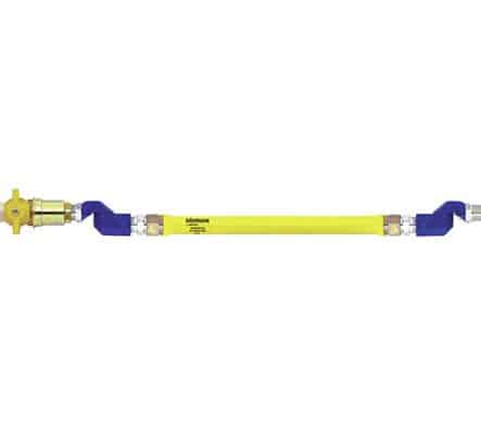Dormont gas hoses are of the highest quality and reliability with safety features built in. Fit & Forget saving time and money. Designed with safety and long-life in mind. Approved for both gas families: LPG & Natural Gas Push-to-connect, Flat-Faced Quick Disconnect Coupling. Designed for catering applications. 304 Stainless Steel, Helically formed hose - flexible and strong. Flared-end Mechanical fittings - for strength & reliability. All Hoses Annealed - to increase flexibility & corrosion resistance. PVC dipped coating - wrinkle free, easy to clean & durable. Antimicrobial coating - to resist build up of bacteria for hygiene. Full assembly and product testing carried out U.K. Dormont UNBRAIDED Gas Hose "NPVF" + SafetyQuik + 2 SwivelMax + Straight Restrainer